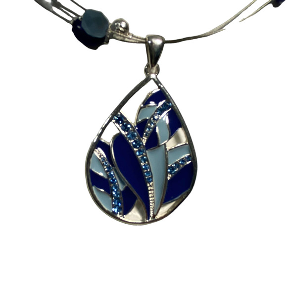 NEW Silver Plated Floating Blue Bead Teardrop Rhinestone Necklace & Earring Set - Picture 2 of 3